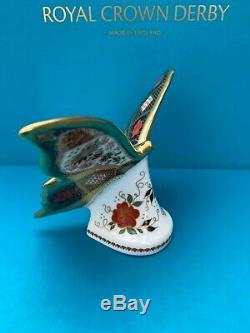New Royal Crown Derby 1st Quality Imari Solid Gold Band Butterfly Paperweight