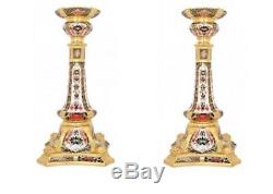 New Royal Crown Derby 2nd Quality Old Imari Solid Gold Band 2 x 10 Candlesticks