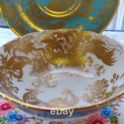 Rare Royal Crown Derby Gold Aves Two Handled Soup Coupe And Saucer Turquoise