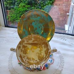 Rare Royal Crown Derby Gold Aves Two Handled Soup Coupe And Saucer Turquoise