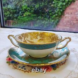 Rare Royal Crown Derby Gold Aves Two Handled Soup Coupe And Saucer Turquoise