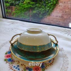 Rare Royal Crown Derby Gold Aves Two Handled Soup Coupe And Saucer Turquoise