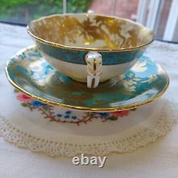 Rare Royal Crown Derby Gold Aves Two Handled Soup Coupe And Saucer Turquoise