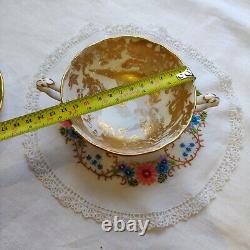 Rare Royal Crown Derby Gold Aves Two Handled Soup Coupe And Saucer Turquoise