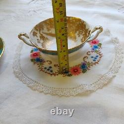 Rare Royal Crown Derby Gold Aves Two Handled Soup Coupe And Saucer Turquoise