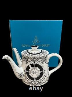 Rare Royal Crown Derby Teapot Steam Punk White with Black Two Spouted (Box)