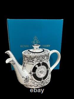 Rare Royal Crown Derby Teapot Steam Punk White with Black Two Spouted (Box)