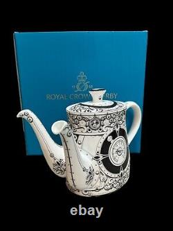 Rare Royal Crown Derby Teapot Steam Punk White with Black Two Spouted (Box)