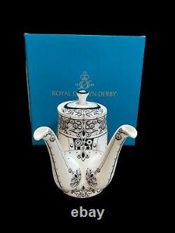 Rare Royal Crown Derby Teapot Steam Punk White with Black Two Spouted (Box)