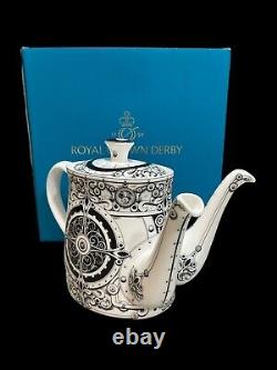 Rare Royal Crown Derby Teapot Steam Punk White with Black Two Spouted (Box)