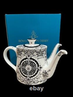 Rare Royal Crown Derby Teapot Steam Punk White with Black Two Spouted (Box)