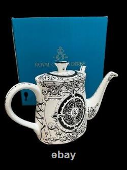 Rare Royal Crown Derby Teapot Steam Punk White with Black Two Spouted (Box)