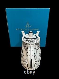 Rare Royal Crown Derby Teapot Steam Punk White with Black Two Spouted (Box)