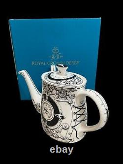 Rare Royal Crown Derby Teapot Steam Punk White with Black Two Spouted (Box)