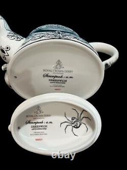 Rare Royal Crown Derby Teapot Steam Punk White with Black Two Spouted (Box)