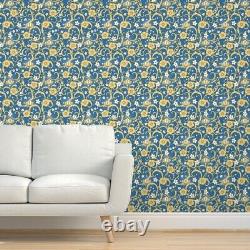 Removable Water-Activated Wallpaper Royal Rococo Crown Gold Flowers Dark Blue