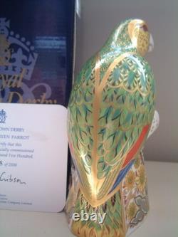 Royal Crown Derby Amazon Green Parrot Paperweight Gold Stopper