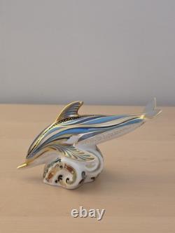 Royal Crown Derby Blue Stripe Dolphin Paperweight Gold Stopper MM with Box