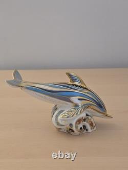 Royal Crown Derby Blue Stripe Dolphin Paperweight Gold Stopper MM with Box