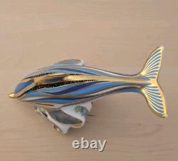 Royal Crown Derby Blue Stripe Dolphin Paperweight Gold Stopper MM with Box