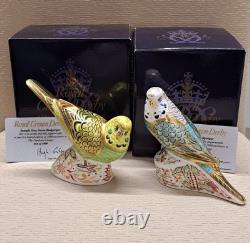 Royal Crown Derby Budgerigar Pair. #664. Ltd Ed. Certs. Boxes. Gold Stoppers