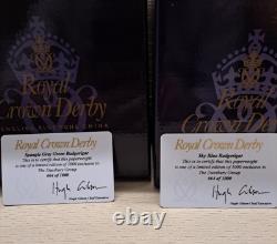 Royal Crown Derby Budgerigar Pair. #664. Ltd Ed. Certs. Boxes. Gold Stoppers