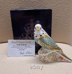 Royal Crown Derby Budgerigar Pair. #664. Ltd Ed. Certs. Boxes. Gold Stoppers