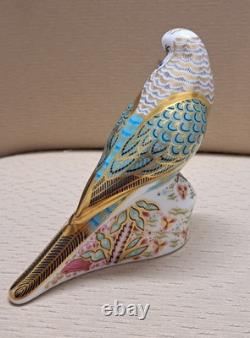Royal Crown Derby Budgerigar Pair. #664. Ltd Ed. Certs. Boxes. Gold Stoppers
