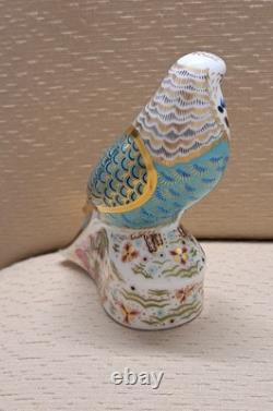 Royal Crown Derby Budgerigar Pair. #664. Ltd Ed. Certs. Boxes. Gold Stoppers