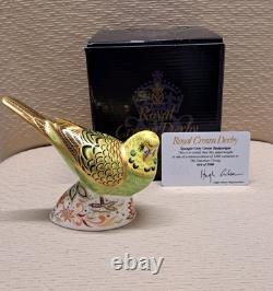 Royal Crown Derby Budgerigar Pair. #664. Ltd Ed. Certs. Boxes. Gold Stoppers