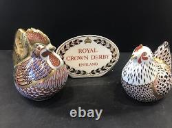 Royal Crown Derby English Bone China Hen and Cockerel Paperweight Figurines