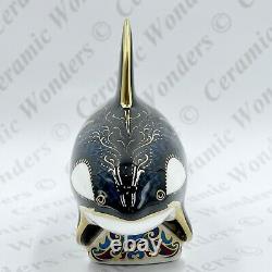 Royal Crown Derby Fair Isle Orca Whale Paperweight Boxed Gold Stopper