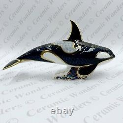 Royal Crown Derby Fair Isle Orca Whale Paperweight Boxed Gold Stopper