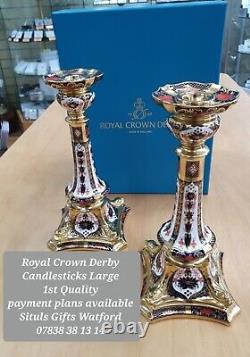 Royal Crown Derby Old Imari Solid Gold Band PAIR of 11 CANDLESTICKS 1st