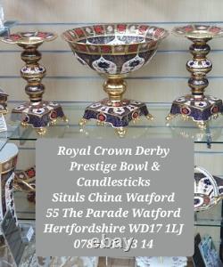 Royal Crown Derby Old Imari Solid Gold Band Prestige Bowl and Candlesticks Set