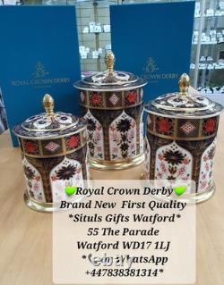 Royal Crown Derby Old Imari Solid Gold Band Set of 3 Storage Jars Sm, Med, Lge