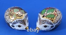 Royal Crown Derby Pair Holly and Ivy Hedgehogs Gold Stoppers Boxed