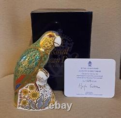 Royal Crown Derby Paperweight. Amazon Green, Bronze Winged Parrots & Lorikeet