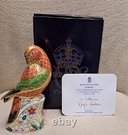 Royal Crown Derby Paperweight. Amazon Green, Bronze Winged Parrots & Lorikeet