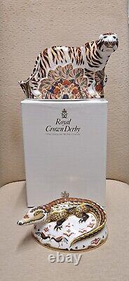 Royal Crown Derby Paperweight Carnivorous Animals. Tiger & Crocodile. Gold Stop