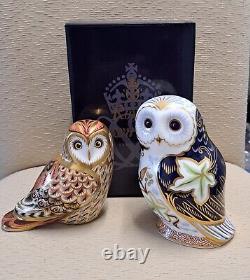 Royal Crown Derby Paperweight Owl Pair. Gold Stoppers. Box. Ltd Edition