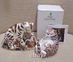 Royal Crown Derby Paperweight Pair of Tiger Cubs. Gold Stoppers. Box