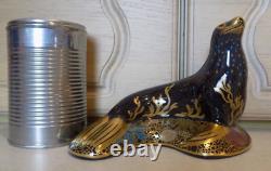 Royal Crown Derby Paperweight SEA LION BLACK Gold Stopper & Boxed with Cer't