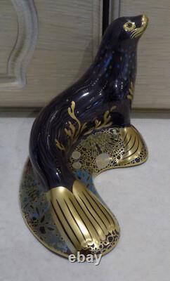 Royal Crown Derby Paperweight SEA LION BLACK Gold Stopper & Boxed with Cer't