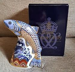 Royal Crown Derby Paperweight Scottish Leaping Salmon. Ltd Edition Gold Stop Box