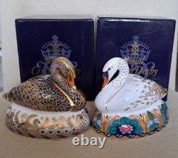 Royal Crown Derby Paperweight Swan Pair. Limited Edition. Gold Stoppers. Boxes
