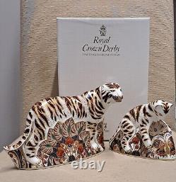 Royal Crown Derby Paperweights. Bengal Tiger Male & Cub. Box Gold Stoppers SUPERB