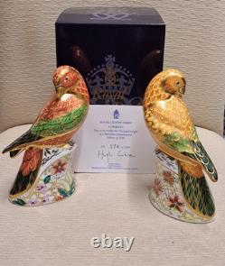 Royal Crown Derby Paperweights. Parrot Pair. Ltd Ed. Gold Stoppers. Box. Cert