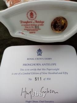 Royal Crown Derby Pronghorn Antelope With Gold Stopper Certificate Original Box