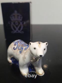 Royal Crown Derby Standing Polar Bear Cub Paperweight- Gold Stopper original box